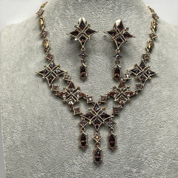 Rare Gold Tone Vintage Brown AB Glass Rhinestone Necklace Bracelet Earrings Set - Picture 3 of 9